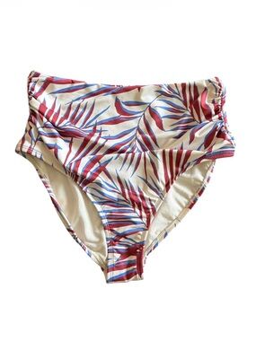 Shade & Shore NWT High-Waist Tropical Print Swim Bottoms, Red, Blue, Cream